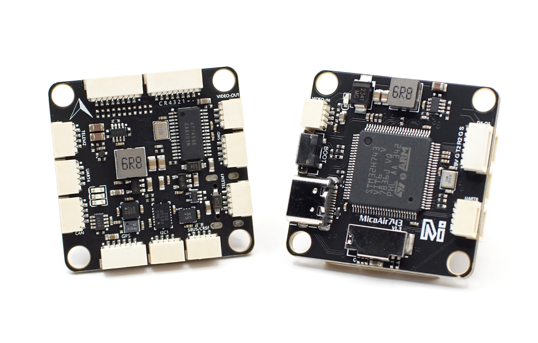 Front and rear views of the MicoAir743 flight controller