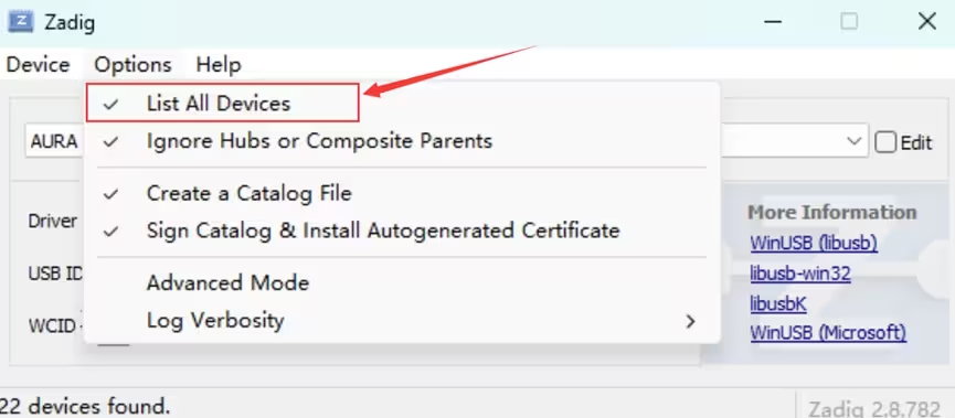 Zadig List All Devices option