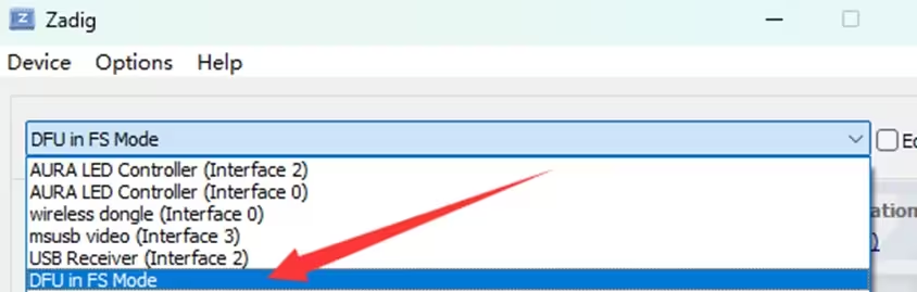 Select the DFU device in Zadig