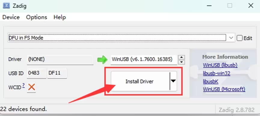 Install the WinUSB driver with Zadig