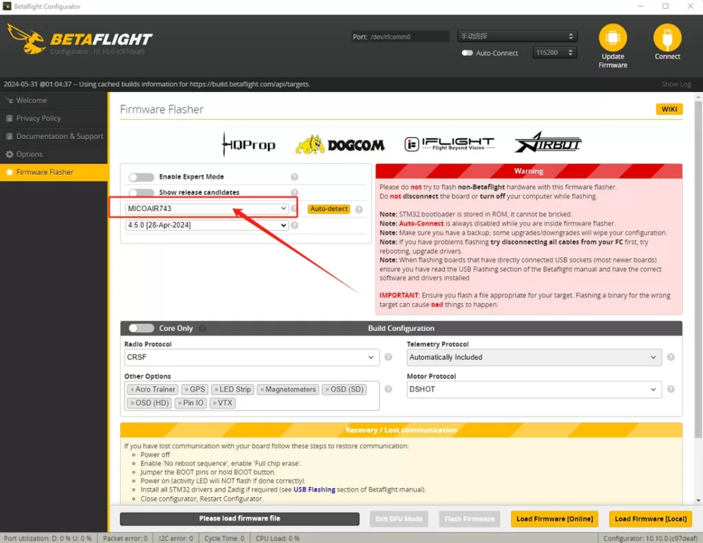 Flash online firmware with Betaflight Configurator