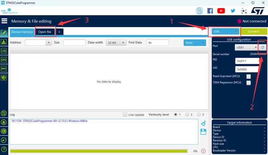 Connect to the flight controller over USB in STM32CubeProgrammer