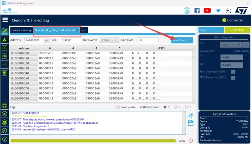 Flash the PX4 bootloader with STM32CubeProgrammer