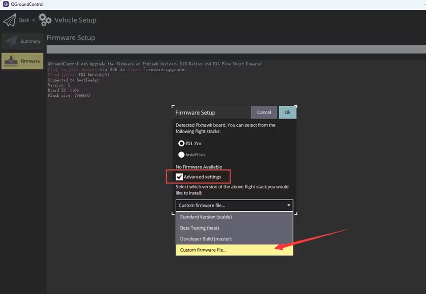 Select custom firmware in QGroundControl