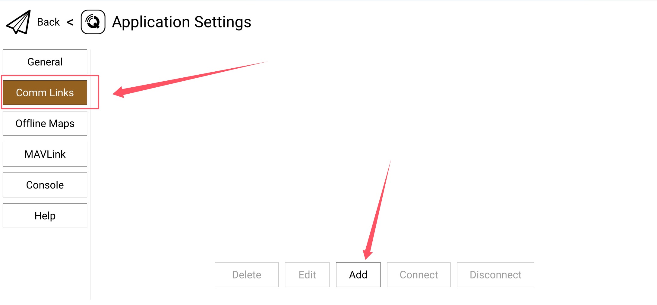QGroundControl communication-link settings