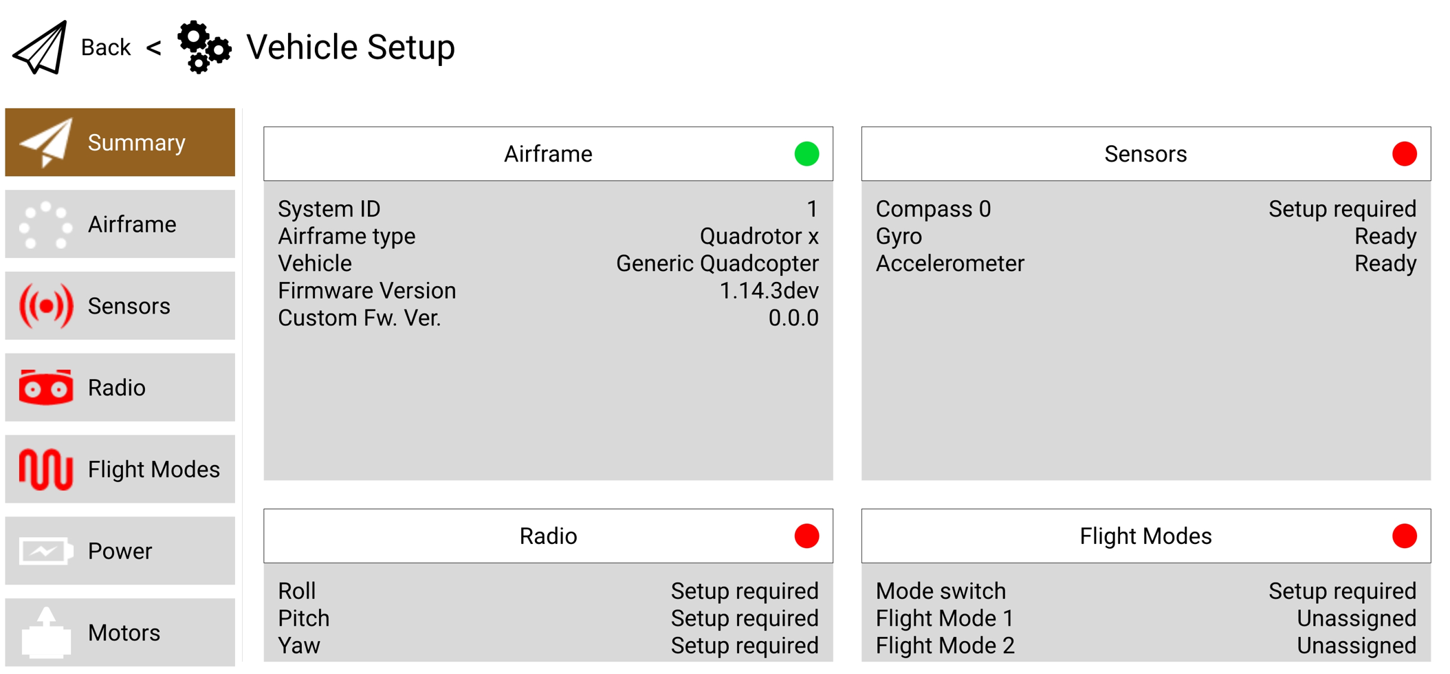 QGroundControl flight-controller status interface