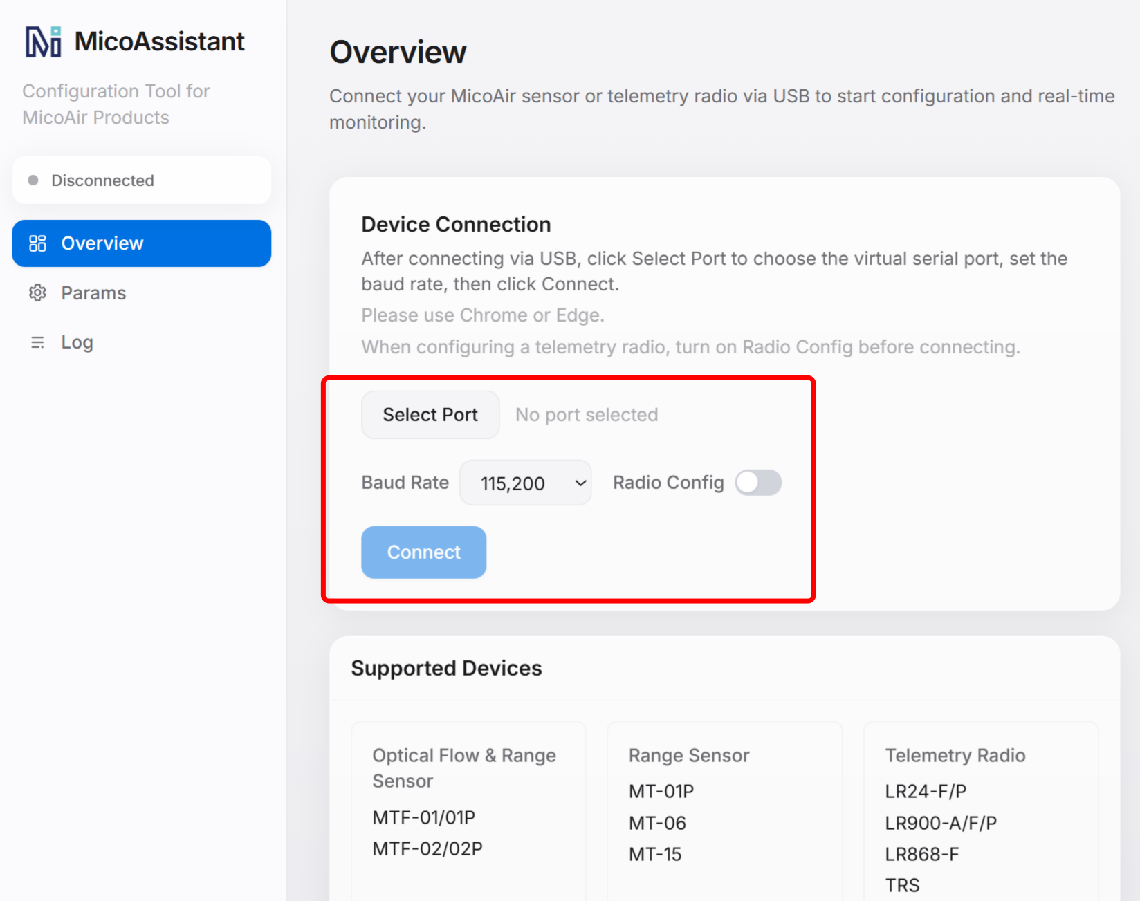 Selecting a port and baud rate in MicoAssistant