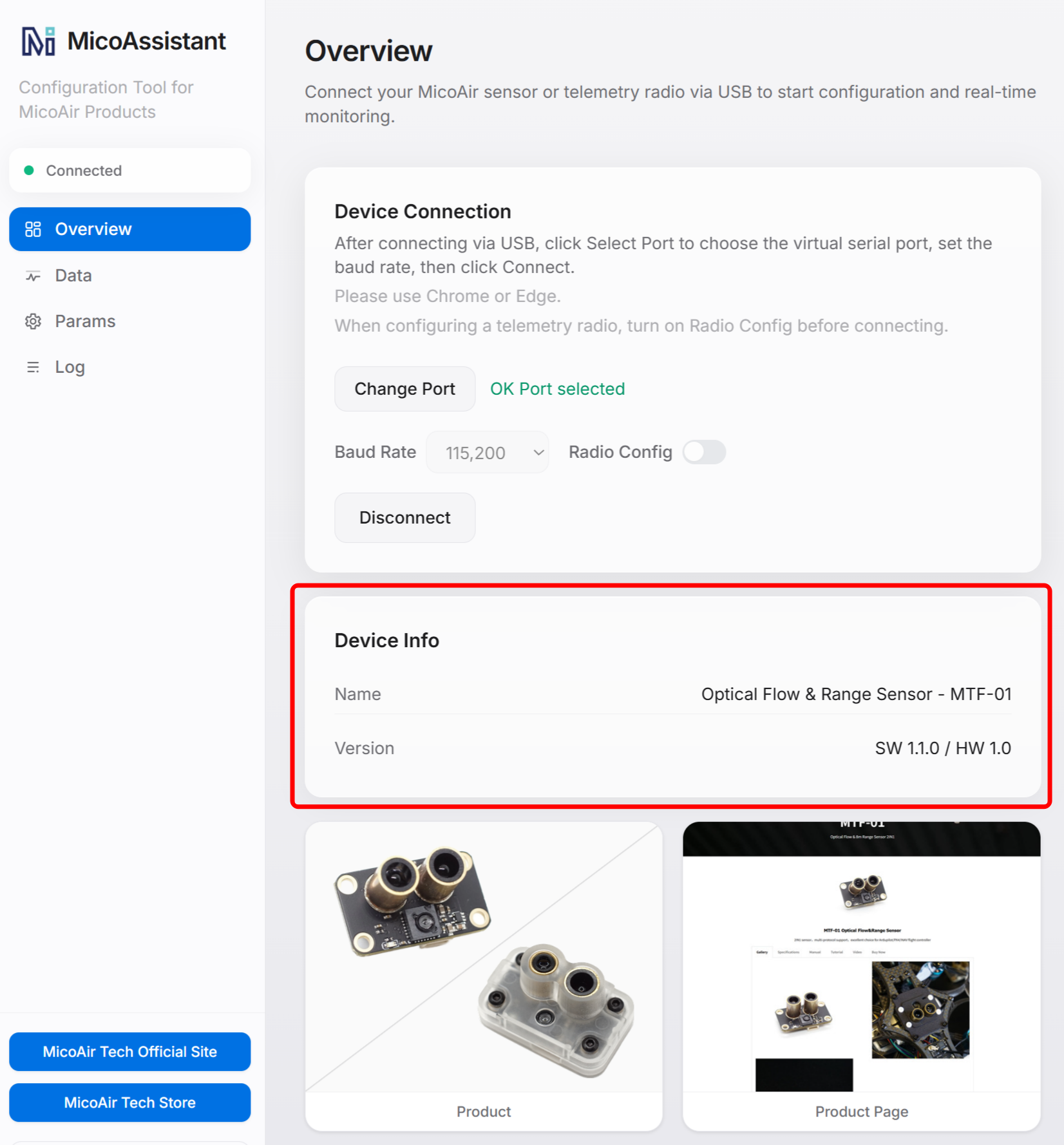MicoAssistant identifying an optical flow sensor