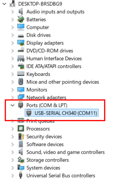 COM port shown in Windows Device Manager