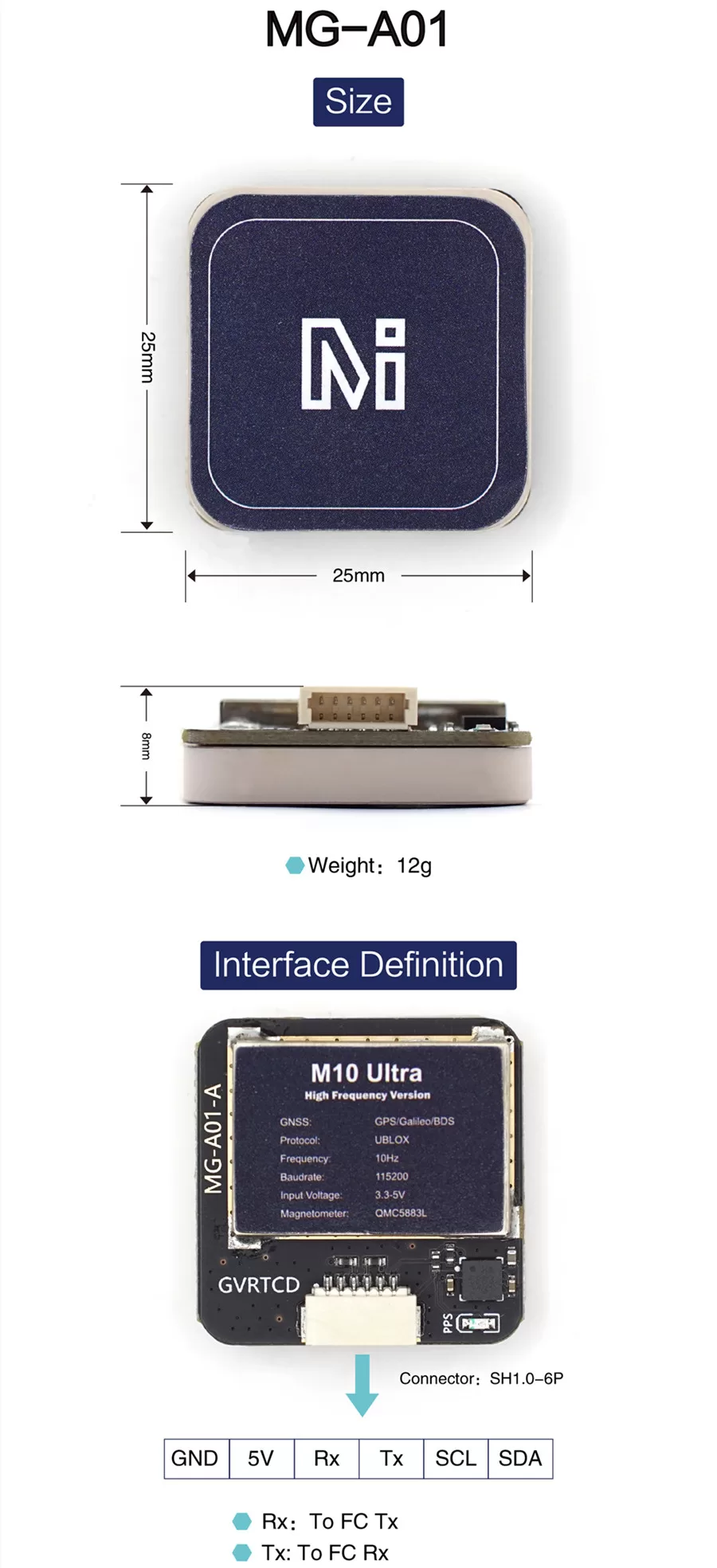 MG-A01 dimensions and connector pinout