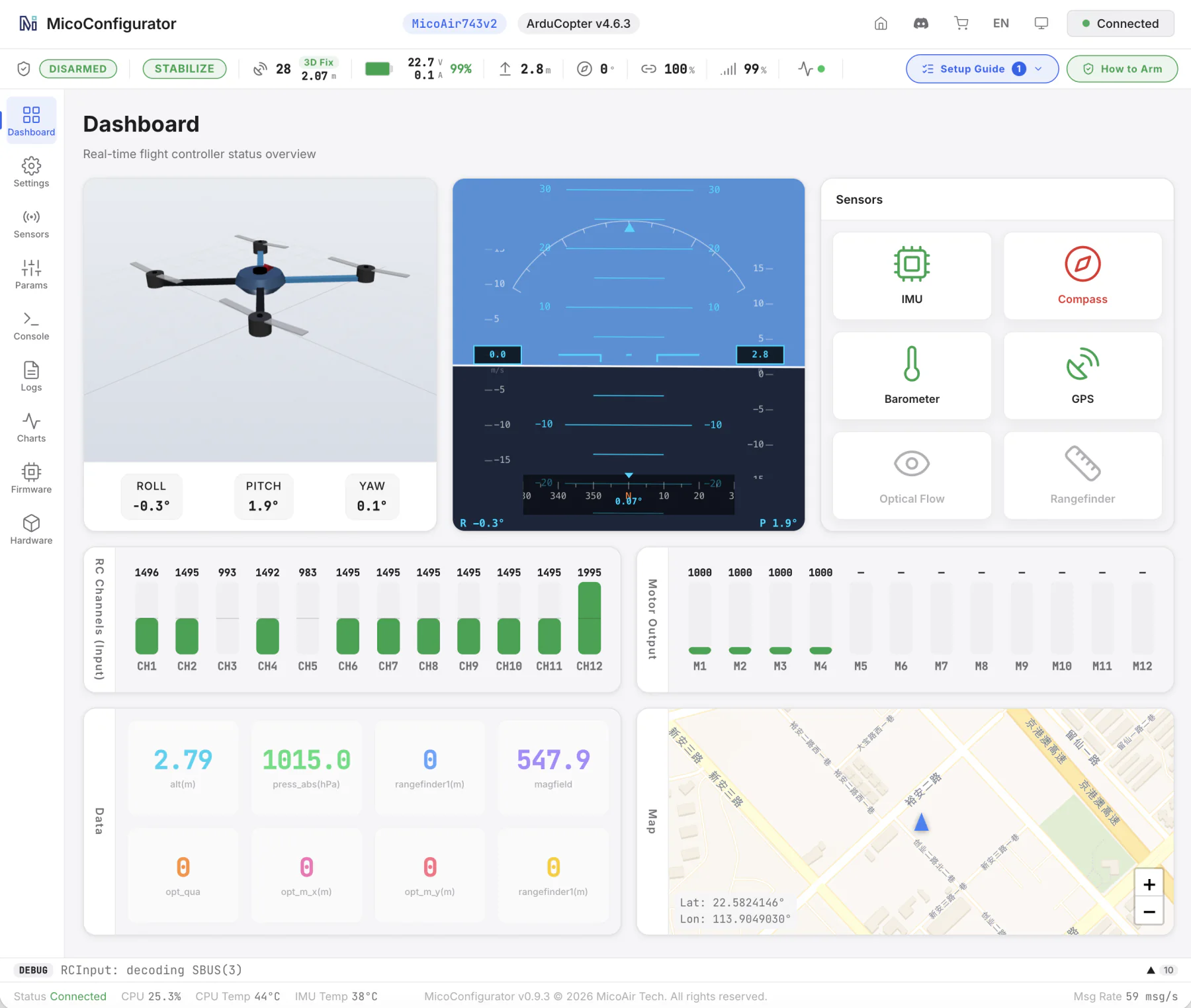 Englische Benutzeroberfläche des MicoConfigurator-Dashboards